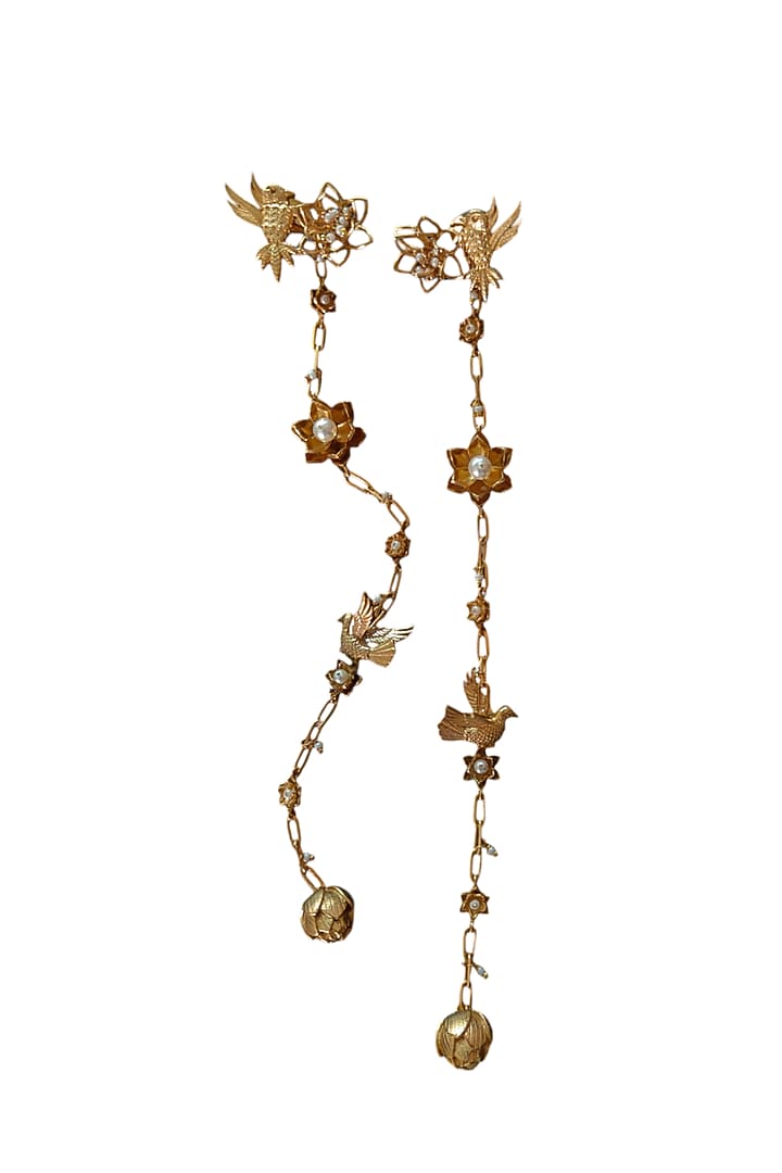 Antique Gold Finish Lotus Motifs & Pearl Embellished Dangler Earrings by PARISHRI at Pernia's Pop Up Shop