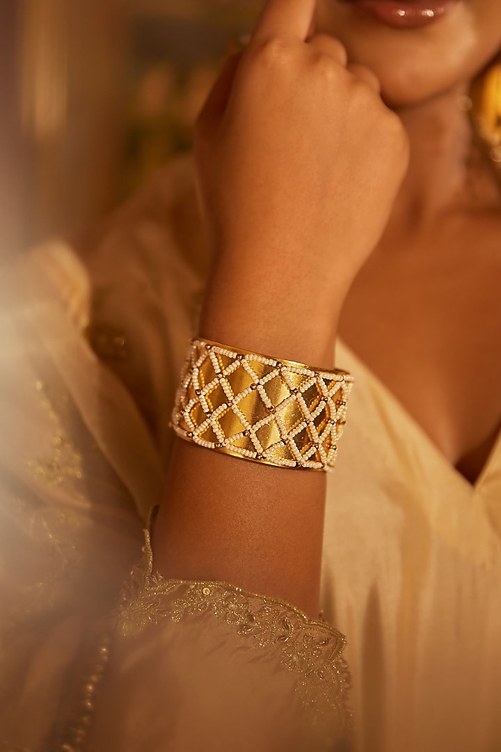 Antique Gold Finish Handcrafted Pearl Cuff by PARISHRI at Pernia's Pop Up Shop