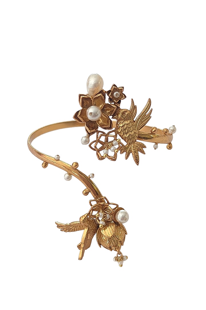 Antique Gold Finish Lotus & Pearl Bracelet by PARISHRI at Pernia's Pop Up Shop