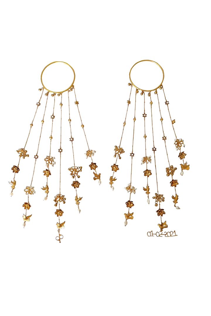 Antique Gold Plated Flying Bird & Pearl Kaleeras (Set Of 2 ) by PARISHRI at Pernia's Pop Up Shop