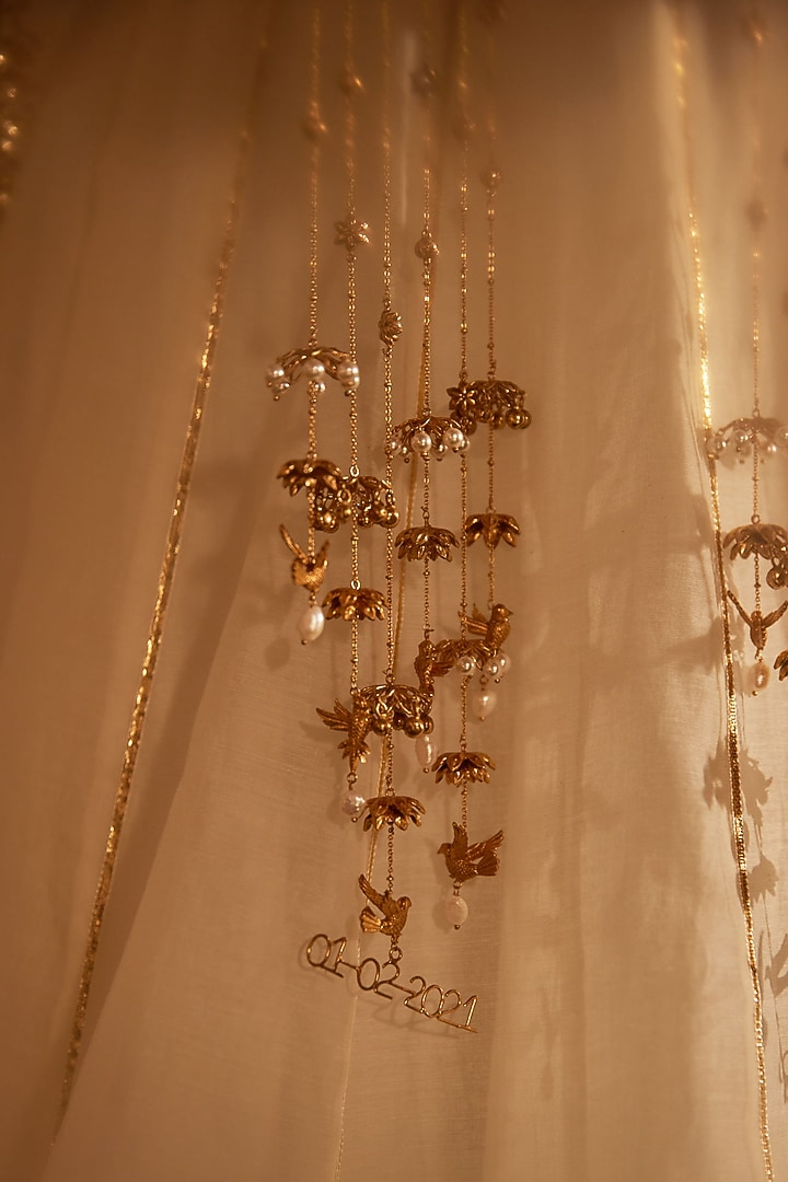 Antique Gold Plated Flying Bird & Pearl Kaleeras (Set Of 2 ) by PARISHRI at Pernia's Pop Up Shop