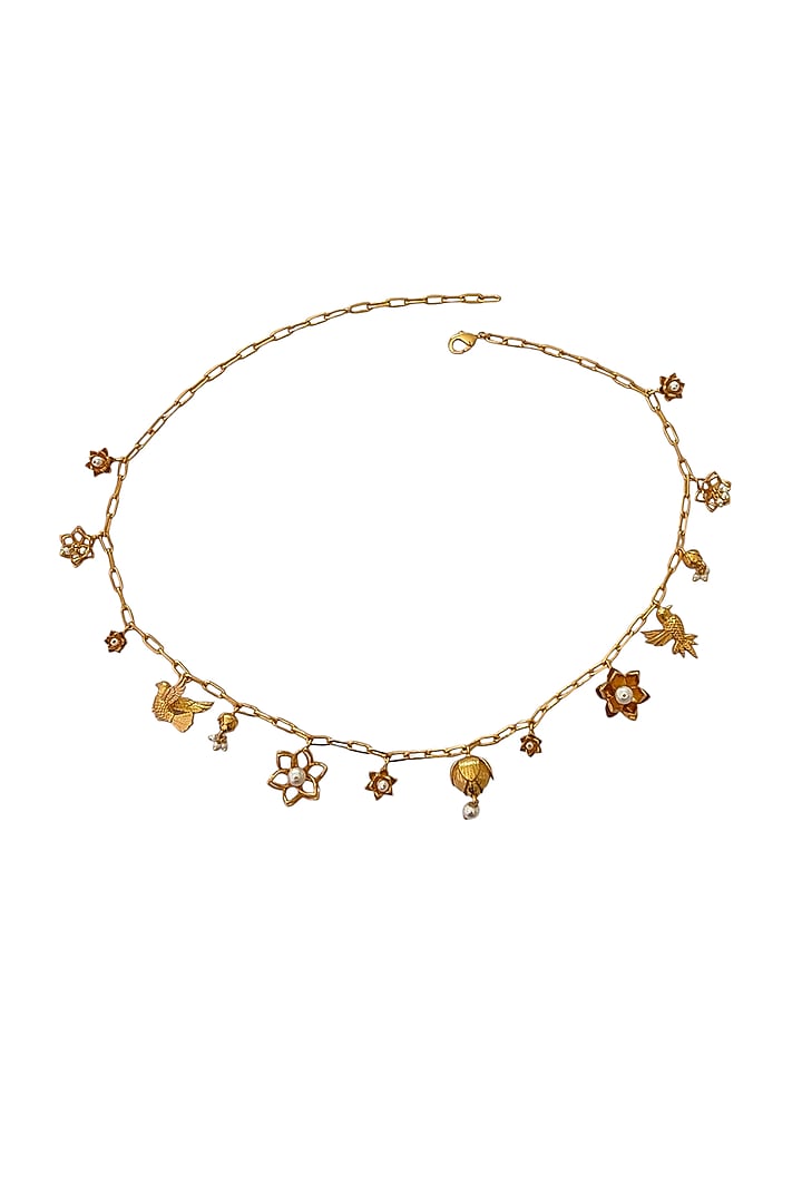 Antique Gold Finish Bird & Lotus Charm Necklace by PARISHRI at Pernia's Pop Up Shop
