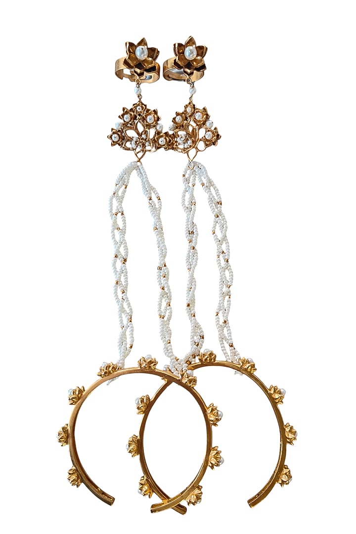 Antique Gold Finish Lotus Hathphool (Set Of 2) by PARISHRI at Pernia's Pop Up Shop