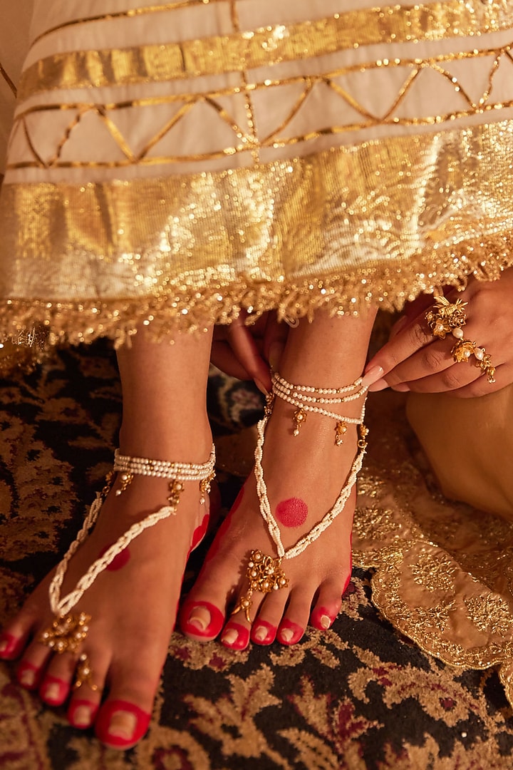 Antique Gold Finish Pearl Detachable Leg Harness & Anklets (Set Of 4) by PARISHRI at Pernia's Pop Up Shop