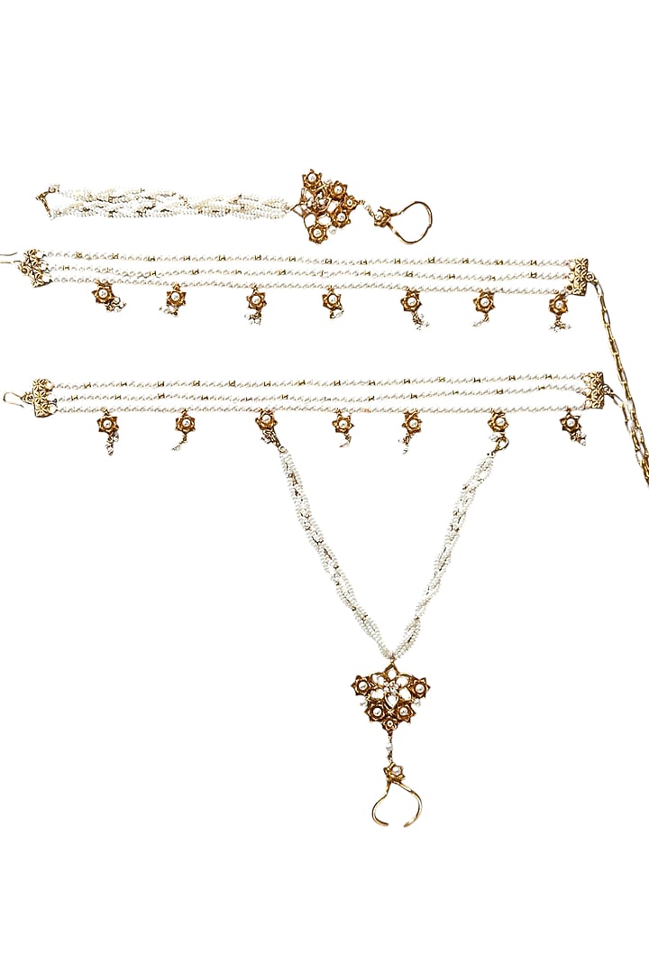 Antique Gold Finish Pearl Detachable Leg Harness & Anklets (Set Of 4) by PARISHRI at Pernia's Pop Up Shop