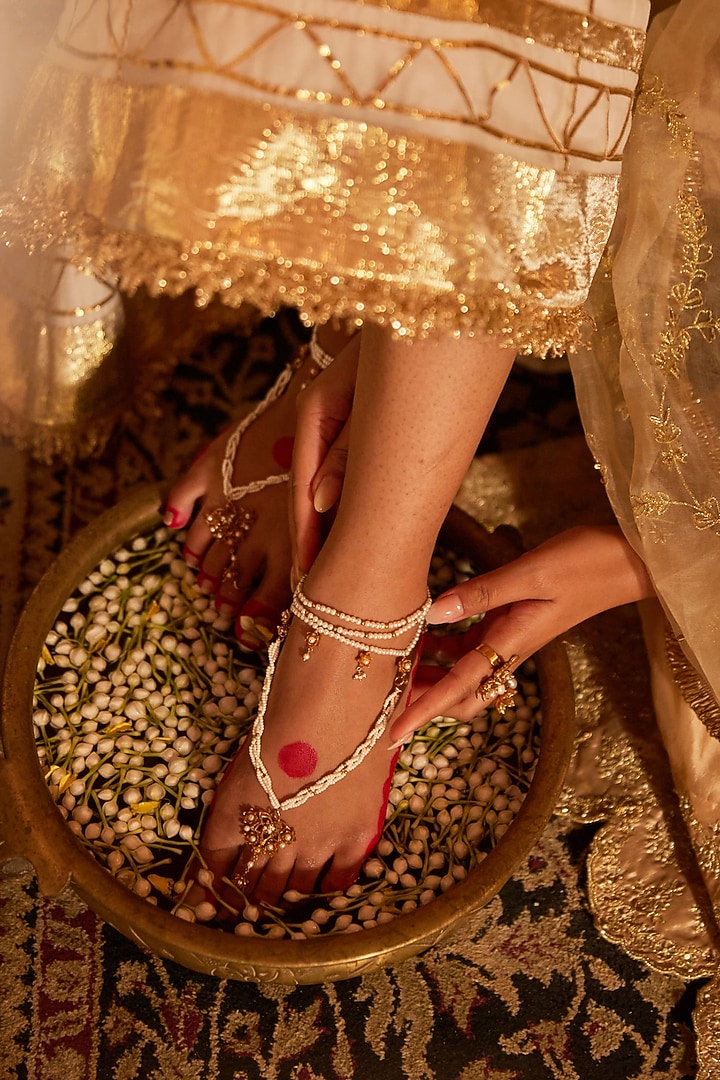 Antique Gold Finish Pearl Detachable Leg Harness & Anklets (Set Of 4) by PARISHRI at Pernia's Pop Up Shop