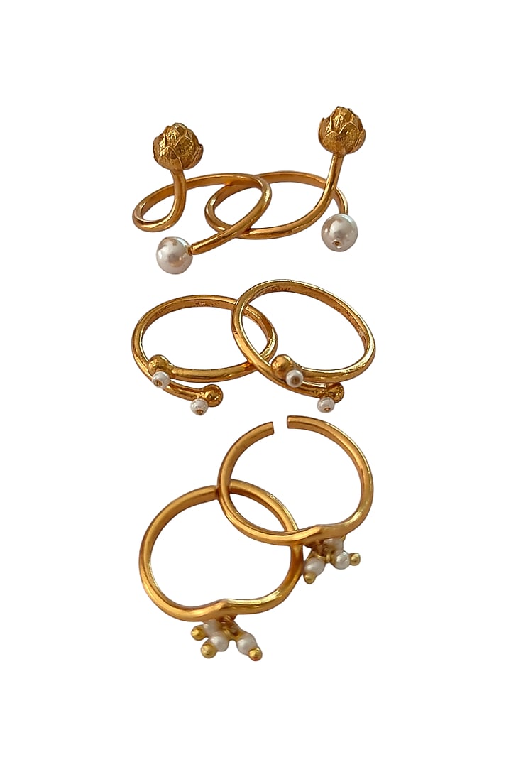 Antique Gold Finish Lotus Bud & Pearl Toe Rings (Set Of 6) by PARISHRI at Pernia's Pop Up Shop