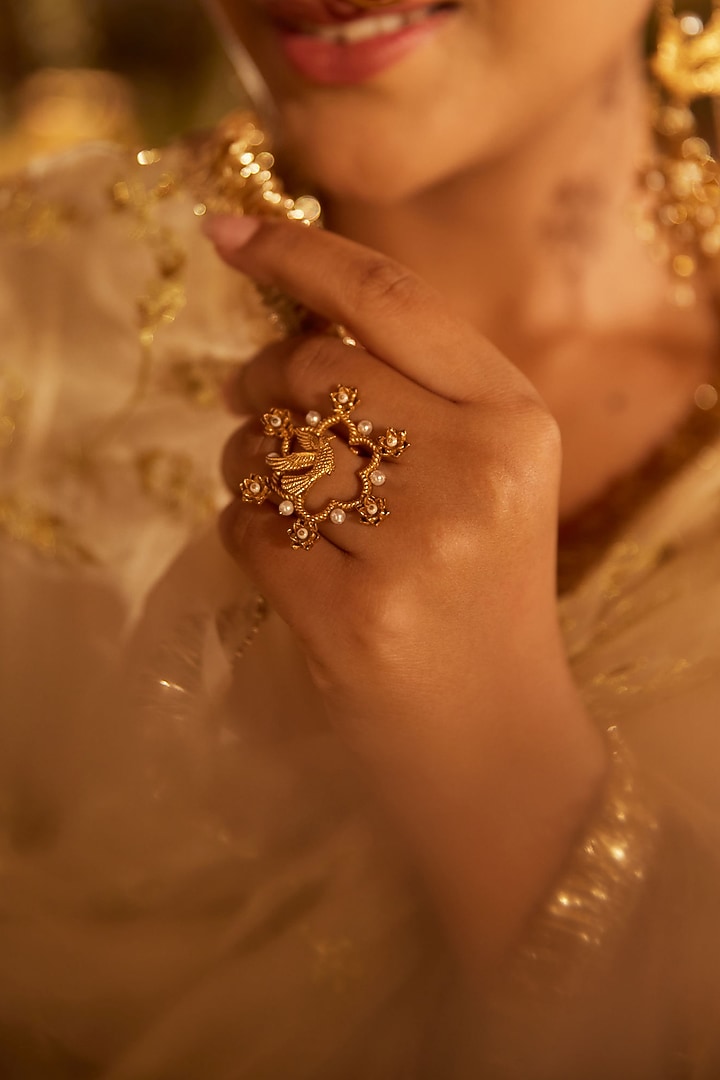 Antique Gold Finish Pearl Floral Ring by PARISHRI at Pernia's Pop Up Shop