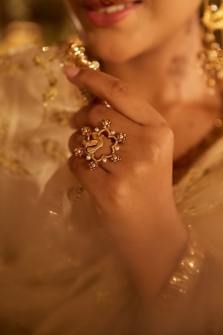 Antique Gold Finish Pearl Floral Ring by PARISHRI