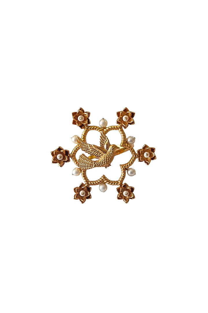 Antique Gold Finish Pearl Floral Ring by PARISHRI at Pernia's Pop Up Shop