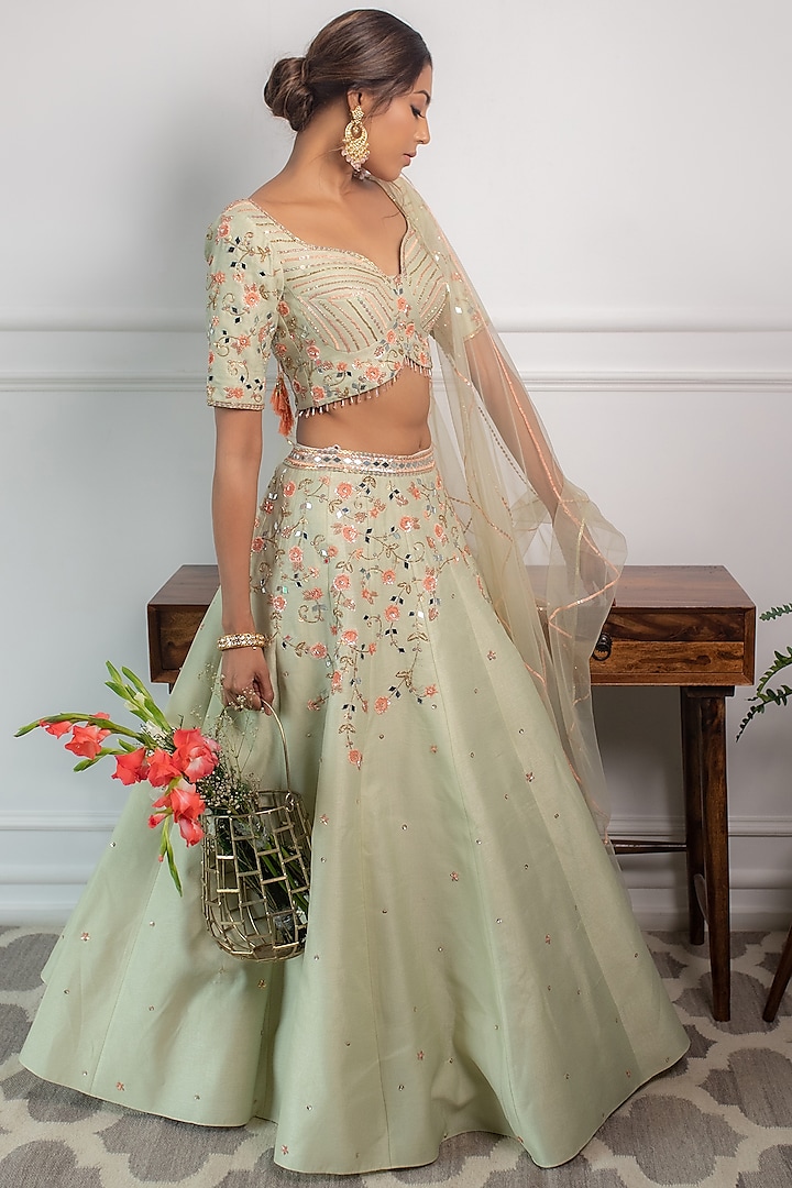 Mint Green Hand Embroidered Lehenga Set by Parul Gandhi