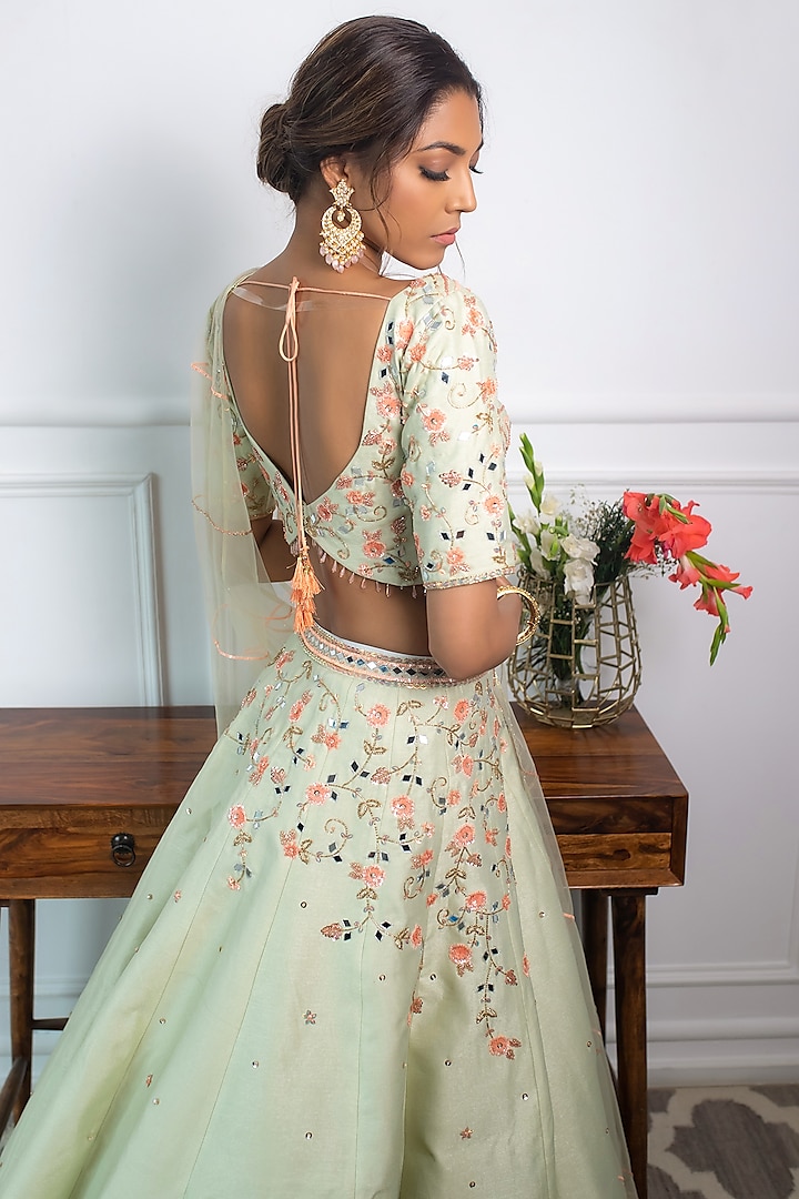 Mint Green Hand Embroidered Wedding Lehenga Set by Parul Gandhi at Pernia's Pop Up Shop