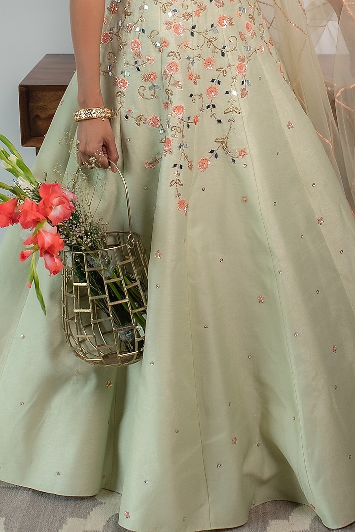 Mint Green Hand Embroidered Wedding Lehenga Set by Parul Gandhi at Pernia's Pop Up Shop