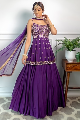 Aubergine Paper Silk Lehenga Set by Parul Gandhi