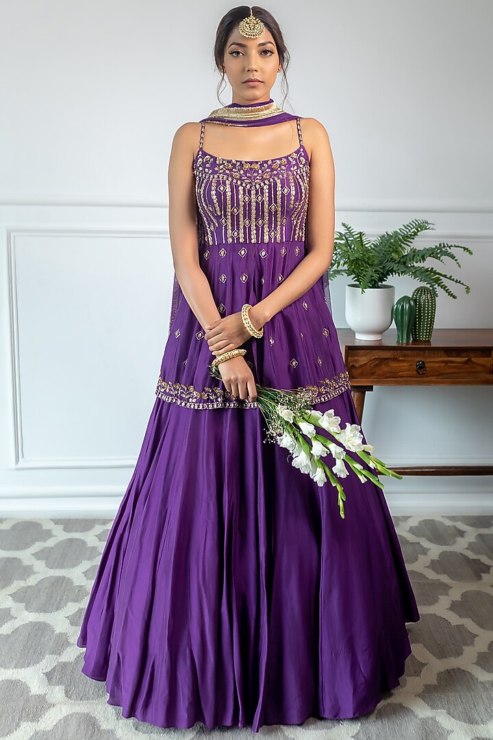Aubergine Paper Silk Wedding Lehenga Set by Parul Gandhi at Pernia's Pop Up Shop