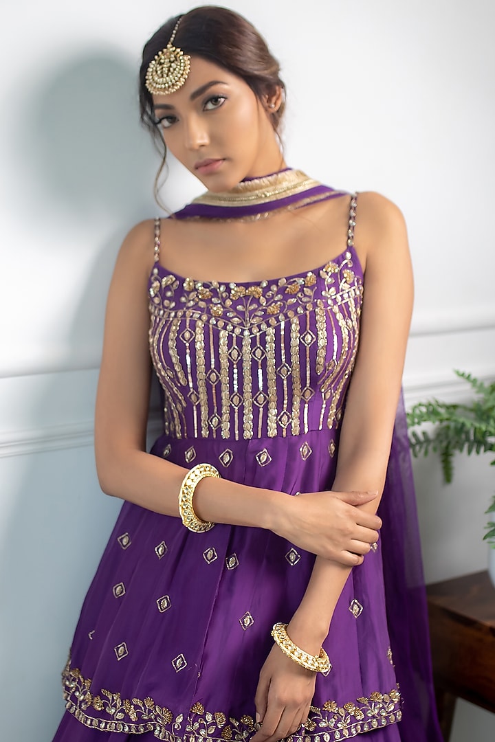 Aubergine Paper Silk Wedding Lehenga Set by Parul Gandhi at Pernia's Pop Up Shop