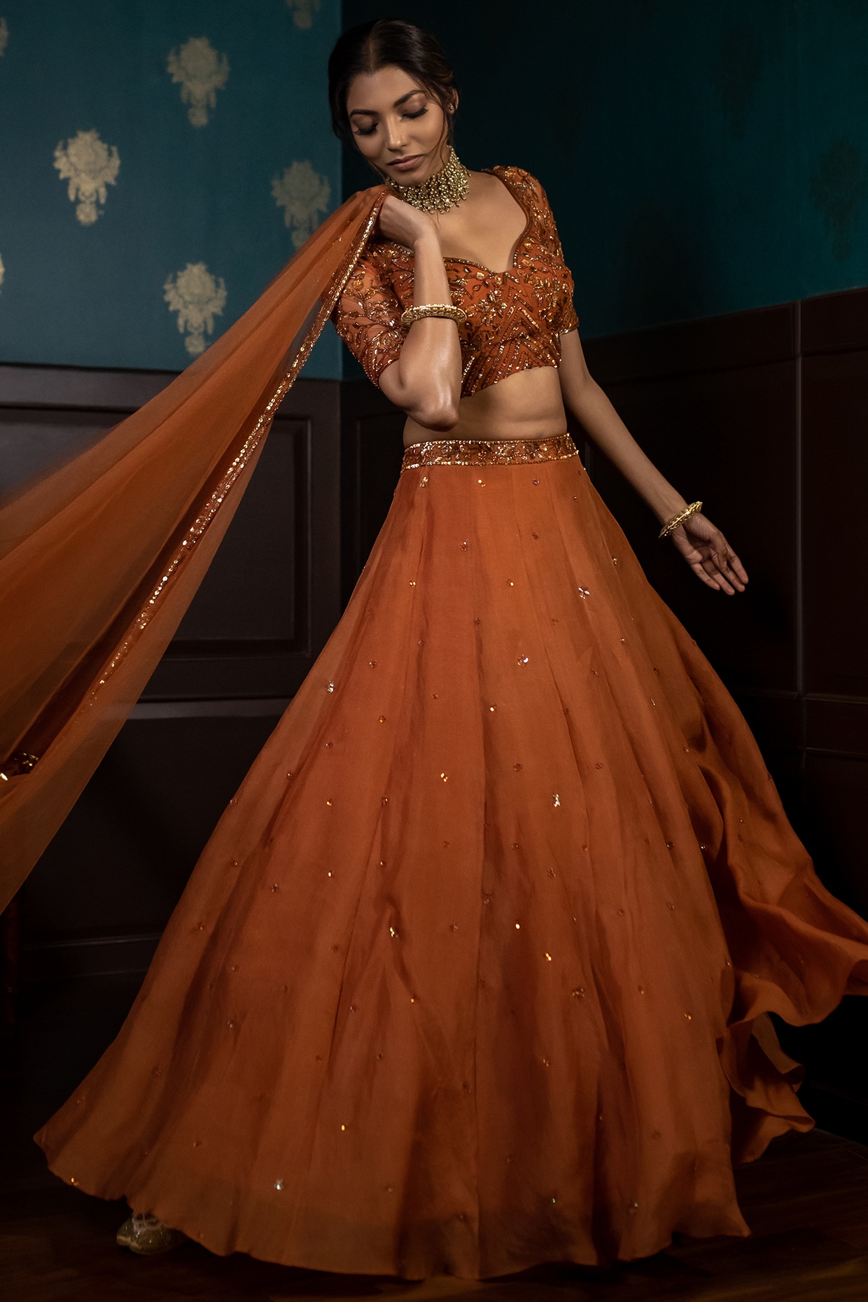 Orange Colour Banglori Silk Fabric Wedding Lehenga Choli.