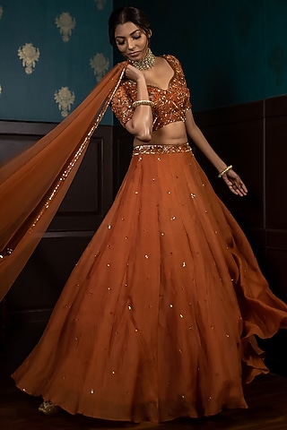 Rust Orange Organza Lehenga Set by Parul Gandhi