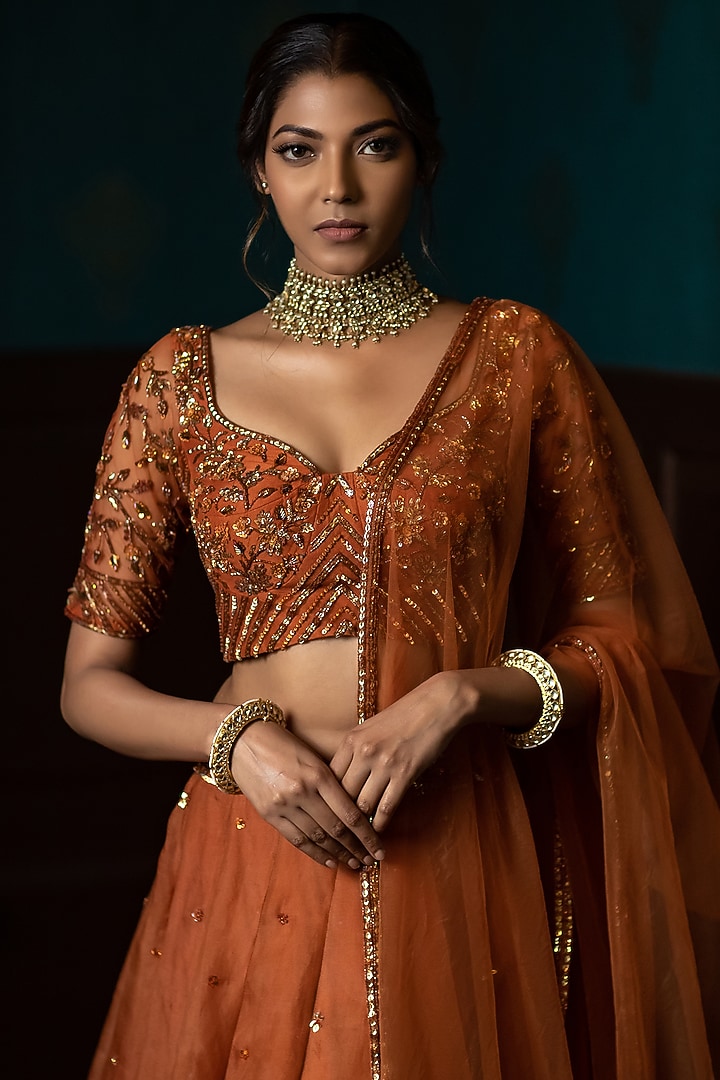 Rust Orange Organza Wedding Lehenga Set by Parul Gandhi at Pernia's Pop Up Shop