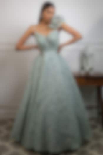 Mint Blue Hand Embroidered Gown by Parul Gandhi