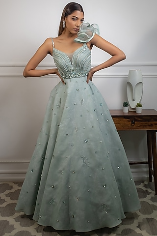 Mint Blue Hand Embroidered Gown by Parul Gandhi