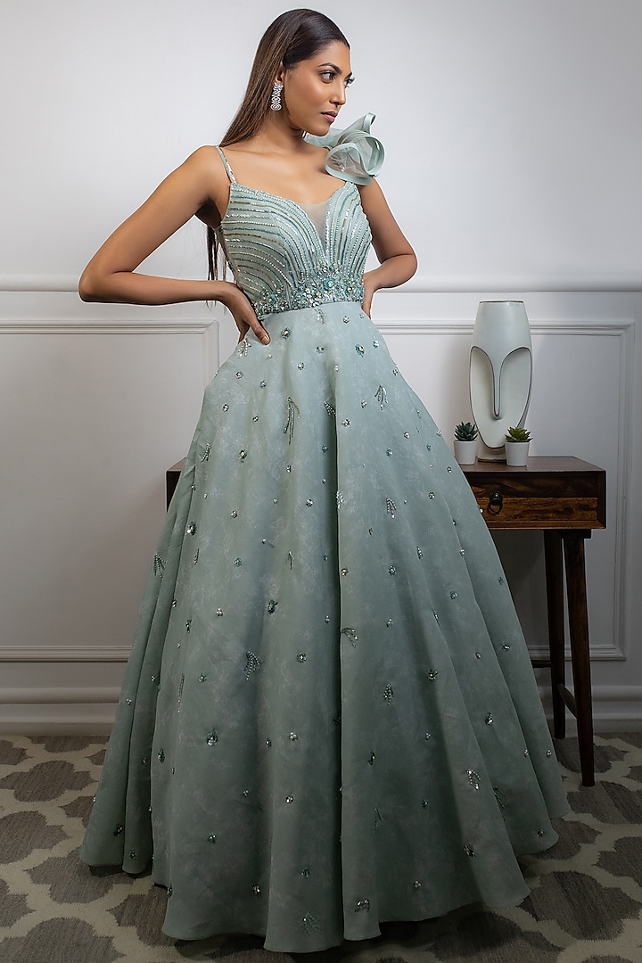 Mint Blue Hand Embroidered Engagement Gown by Parul Gandhi at Pernia's Pop Up Shop