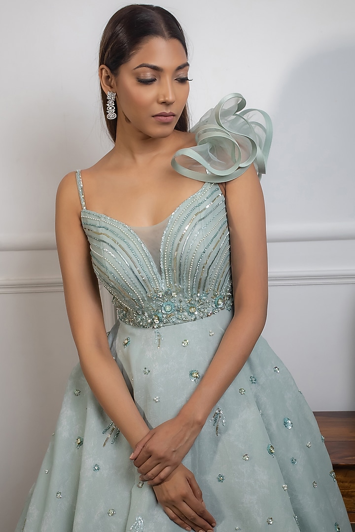 Mint Blue Hand Embroidered Engagement Gown by Parul Gandhi at Pernia's Pop Up Shop