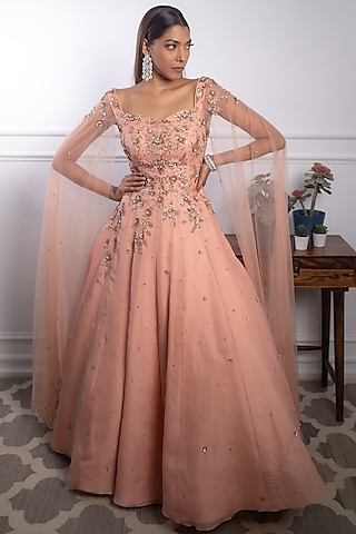 Peach Organza Embellished Gown by Parul Gandhi