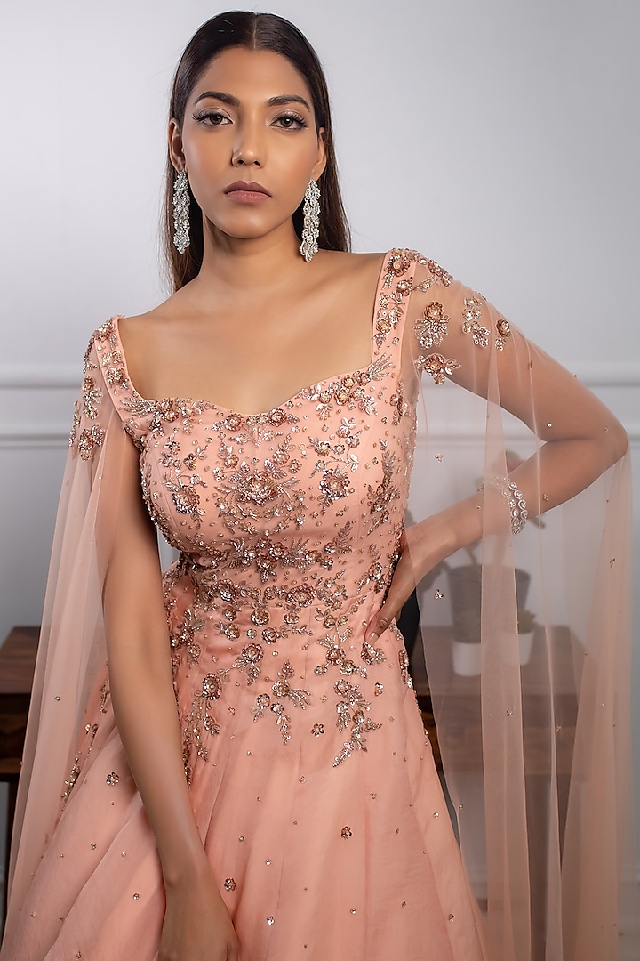 Peach Organza Embellished Engagement Gown by Parul Gandhi at Pernia's Pop Up Shop