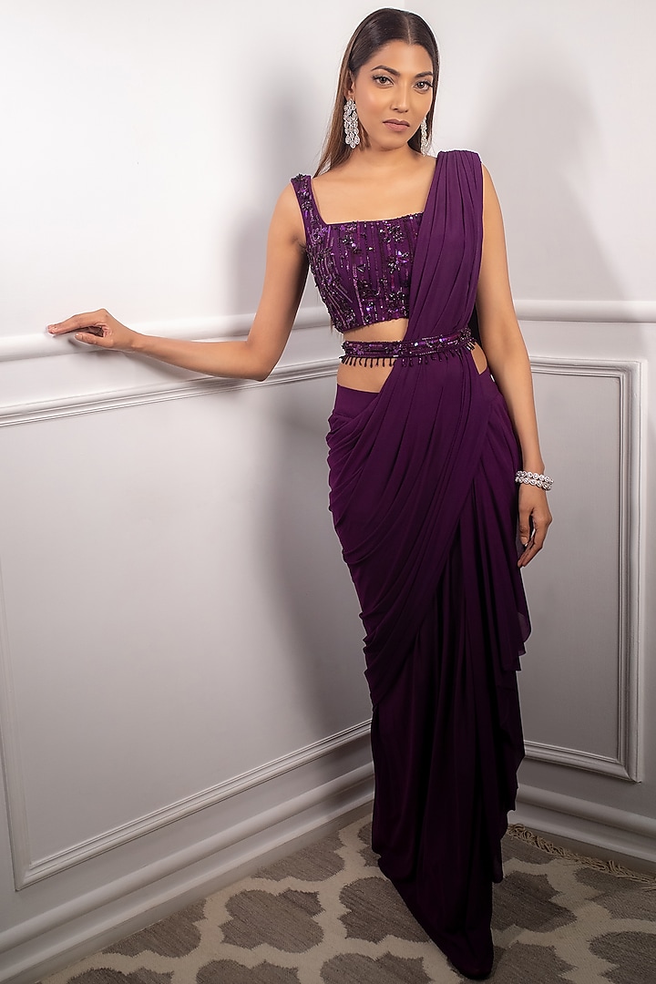 Deep Aubergine Lycra Draped Saree Set by Parul Gandhi at Pernia's Pop Up Shop