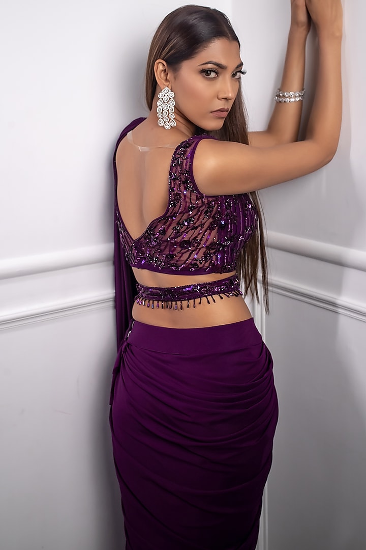 Deep Aubergine Lycra Draped Wedding Saree Set by Parul Gandhi at Pernia's Pop Up Shop