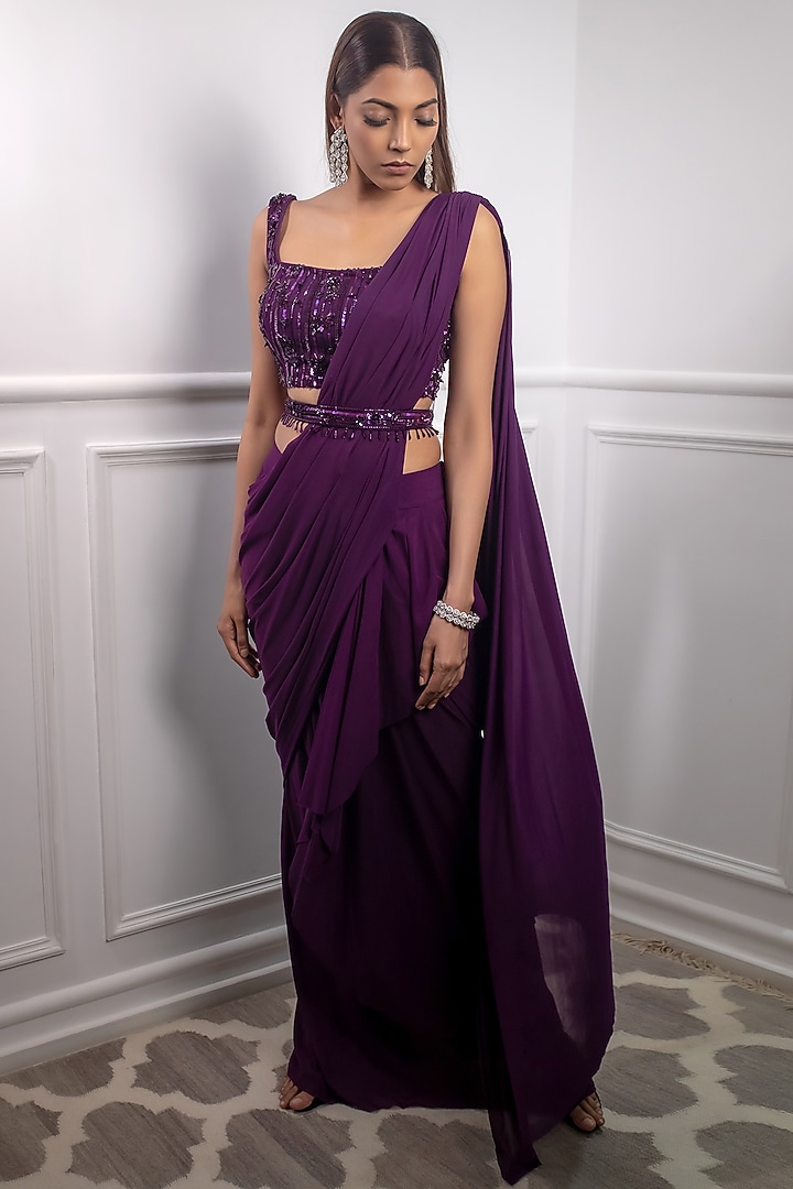 Deep Aubergine Lycra Draped Wedding Saree Set by Parul Gandhi at Pernia's Pop Up Shop