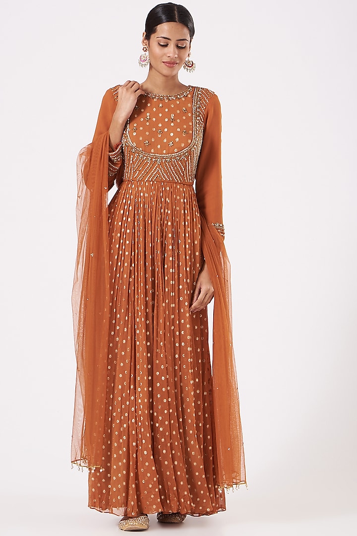 Rust Orange Hand Embellished Anarkali Set by PARUL GANDHI at Pernia's Pop Up Shop