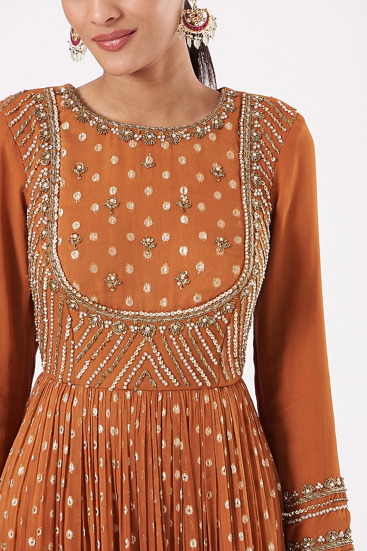 Rust Orange Hand Embellished Wedding Anarkali Set by PARUL GANDHI at Pernia's Pop Up Shop