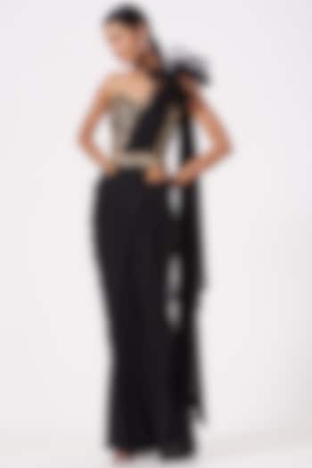Black Draped Ruffled Wedding Saree Set by PARUL GANDHI at Pernia's Pop Up Shop