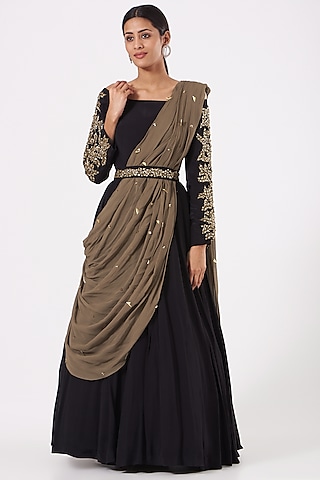 Black Embellished Draped Gown by PARUL GANDHI