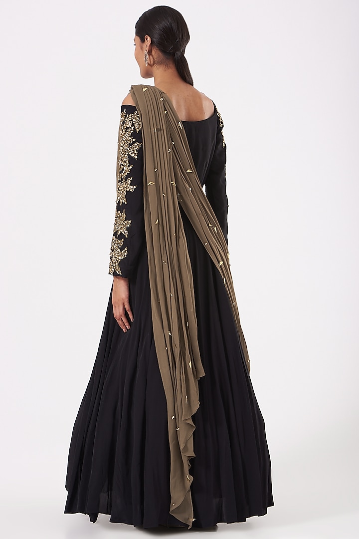 Black Embellished Draped Engagement Gown by PARUL GANDHI at Pernia's Pop Up Shop