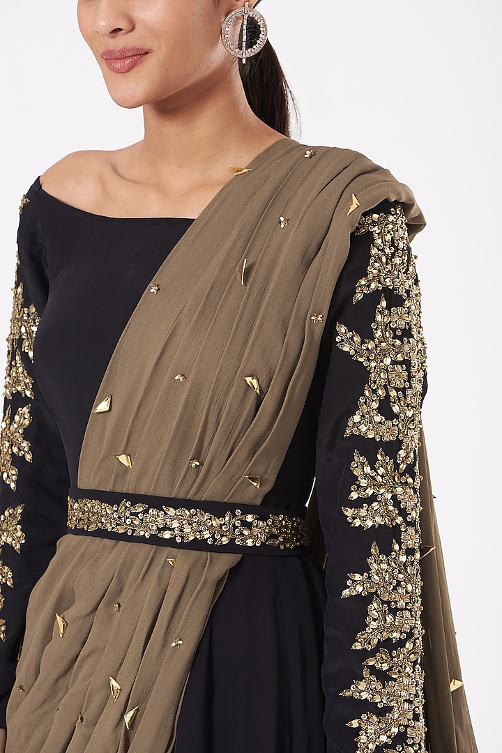 Black Embellished Draped Engagement Gown by PARUL GANDHI at Pernia's Pop Up Shop
