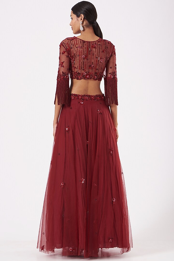 Ruby Red Paper Silk & Net Wedding Lehenga Set by PARUL GANDHI at Pernia's Pop Up Shop