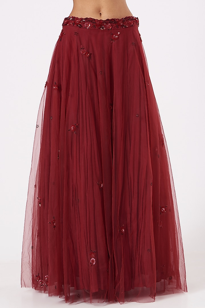 Ruby Red Paper Silk & Net Wedding Lehenga Set by PARUL GANDHI at Pernia's Pop Up Shop