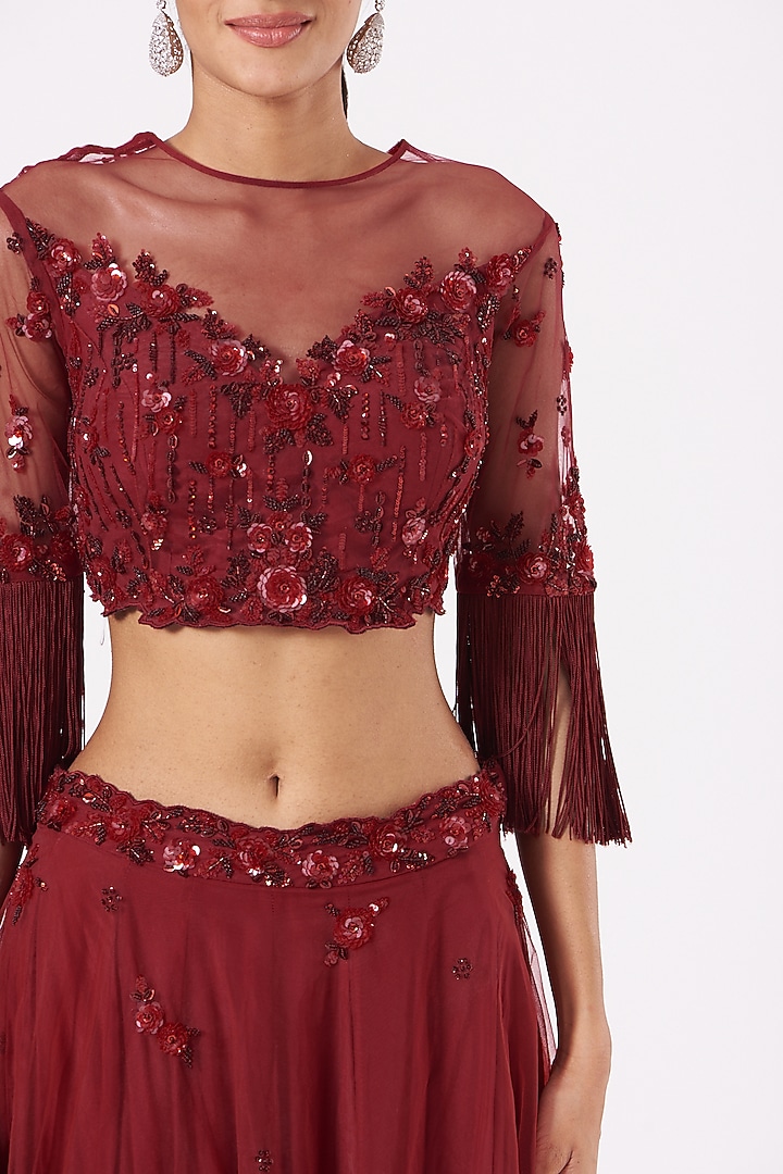 Ruby Red Paper Silk & Net Wedding Lehenga Set by PARUL GANDHI at Pernia's Pop Up Shop