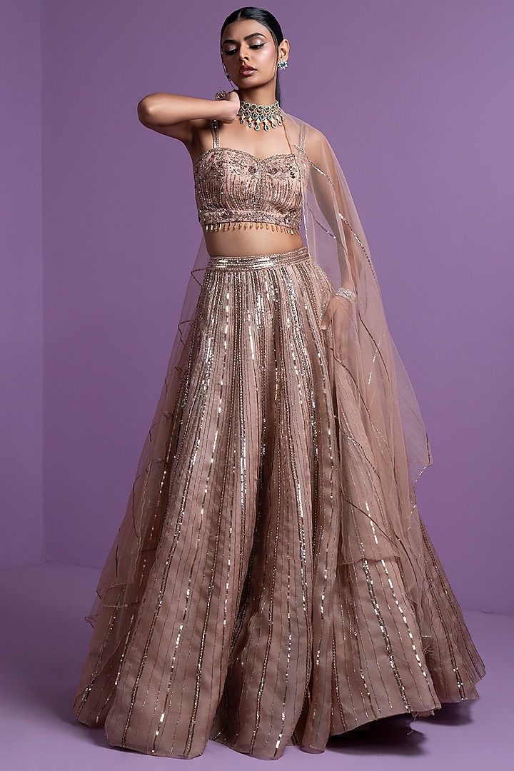 Caramel Pure Organza Embroidered  dulhan bday 22 may Lehenga Set by Parul Gandhi at Pernia's Pop Up Shop
