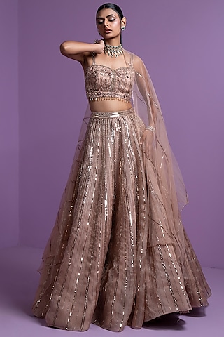 Caramel Pure Organza Embroidered Lehenga Set by Parul Gandhi