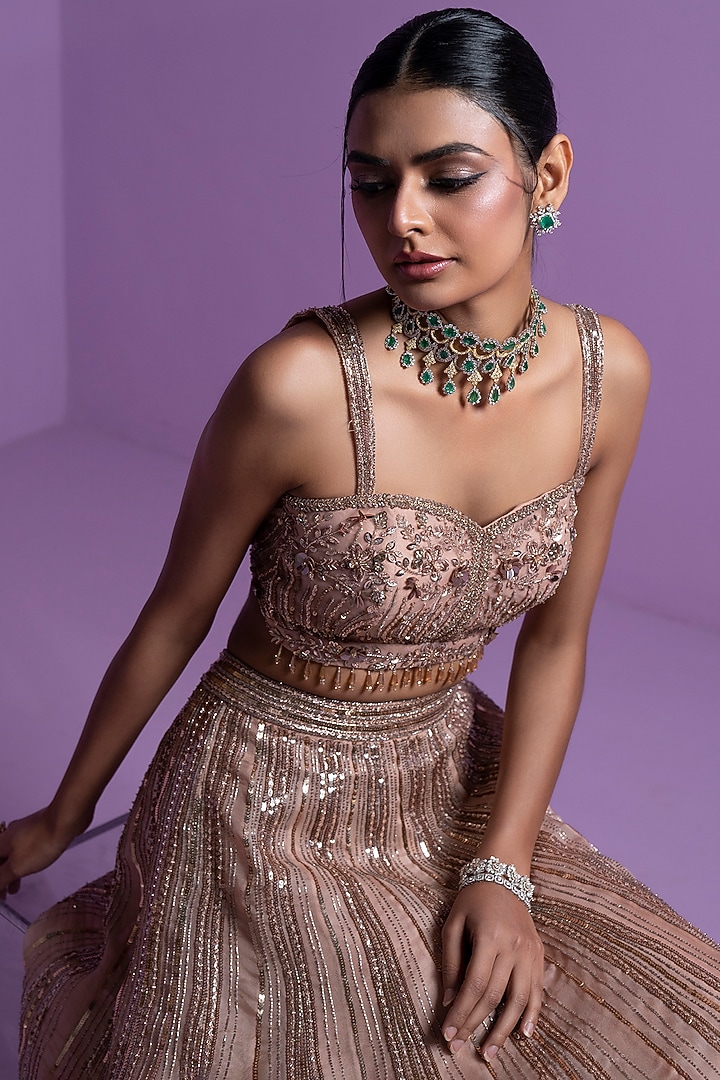 Caramel Pure Organza Embroidered Wedding Lehenga Set by Parul Gandhi at Pernia's Pop Up Shop