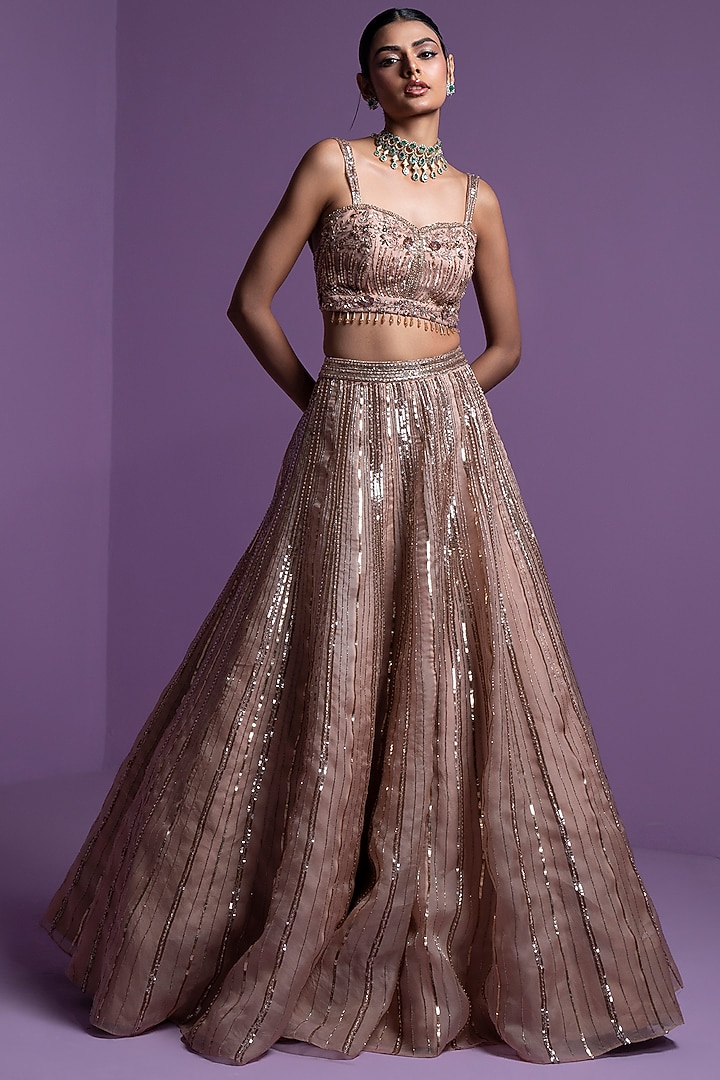 Caramel Pure Organza Embroidered Wedding Lehenga Set by Parul Gandhi at Pernia's Pop Up Shop