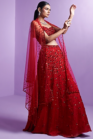 Vivid Crimson Silk Organza Embellished Lehenga Set by Parul Gandhi