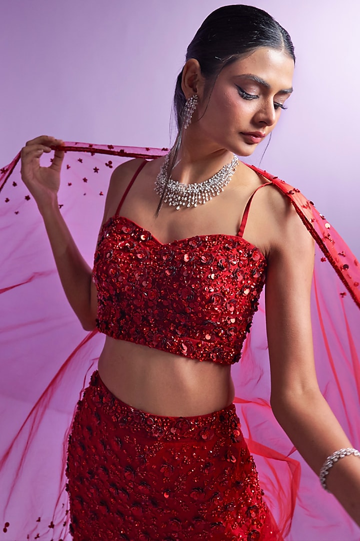 Vivid Crimson Silk Organza Embellished Wedding Lehenga Set by Parul Gandhi at Pernia's Pop Up Shop