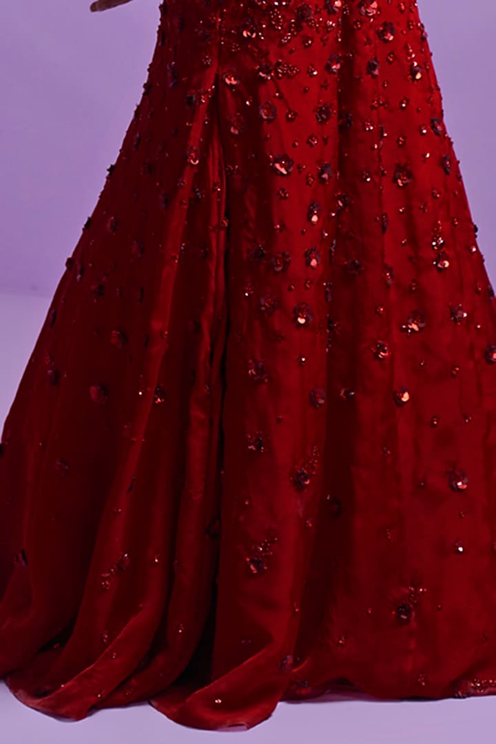 Vivid Crimson Silk Organza Embellished Wedding Lehenga Set by Parul Gandhi at Pernia's Pop Up Shop