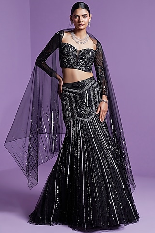 Black Mesh Embellished Lehenga Set by Parul Gandhi