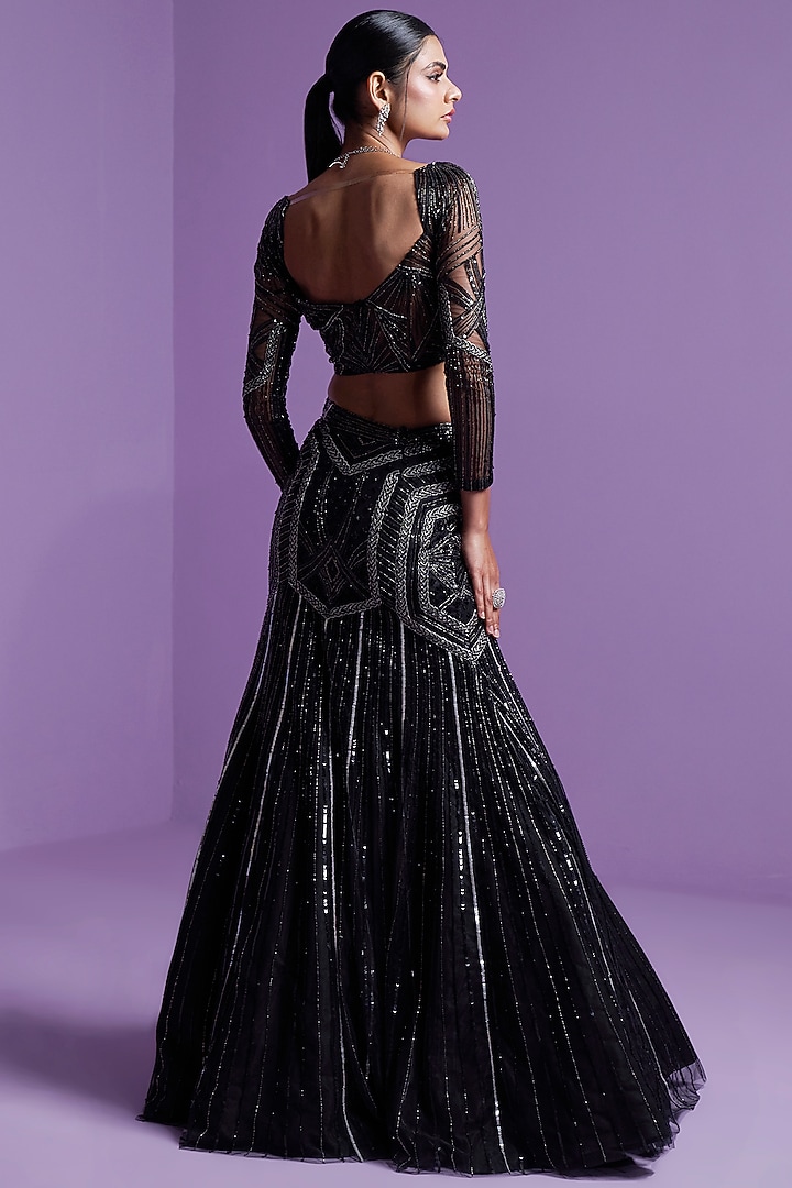 Black Mesh Embellished Wedding Lehenga Set by Parul Gandhi at Pernia's Pop Up Shop